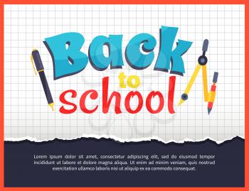 Back to school poster with stationery objects as compass divider with pencil and pen vector illustration isolated on checkered background
