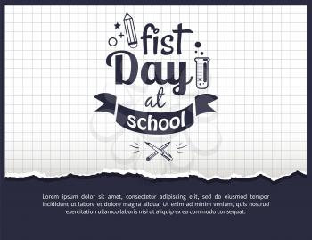 First day at school black-and-white sticker with text. Vector of laboratory tube with liquid and crossed pen and pencil on checkered background