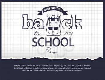 Back to my school black-and-white cartoon style sticker with inscription. Vector of backpack along with graphite pencil on checkered background