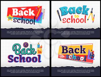 Back to school collection of colorful stickers with inscriptions on white squared paper sheet background. Isolated vector illustration of educational supplies