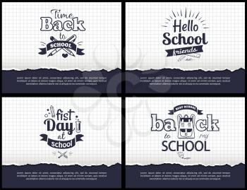 Hello first day back to school related set of black-and-white stickers with inscriptions. Vector illustration of stationery items on checkered background