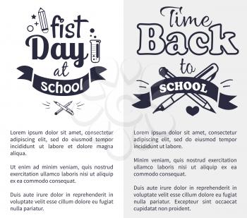 First day at school time come back black-and-white sticker with text. Vector of laboratory tube with liquid and crossed pen and pencil