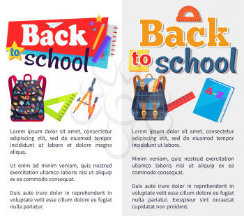 Back to school set of stickers with text isolated on white and grey background. Vector illustration of colourful backpacks, various supplies and blue dictionary