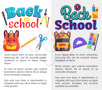 Back to school set of posters with stationery objects as rucksack bag, paints with brush, ABC book, scissors with rulers vector illustrations with text below