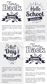 Hello first day back to school related set of black-and-white stickers with inscriptions. Vector illustration of stationery items with text below
