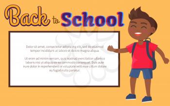 Back to school poster with place for text and kid in red t-shirt and jeans shorts with backpack vector illustration. Happy child cartoon character