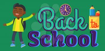 Back to school sticker with inscription and indian boy. Vector illustration of round wall clock, yellow notebook and two graphite pencils behind it