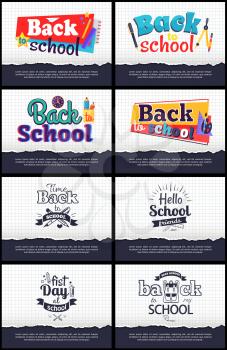 Collection of school-related cartoon stickers on white squared paper sheet background with inscription below. Vector illustration of educational items