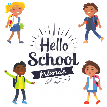 Hello school friends black-and-white sticker with inscription surrounded by colorful kids. Vector illustration of plastic ruler and graphite pencil logo