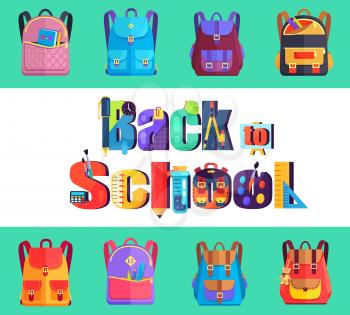 Back to school poster with inscription made of stationary objects, chemical flasks, paint brushes pens and pencils, protractor ruler vector with bags