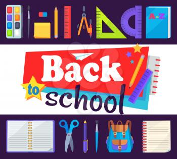 Back to school banner with learning accessories as bags, pens and pencils, different rulers, clock and compass divider vector illustration sticker