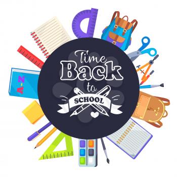 Back to school round banner with text isolated on black, surrounded by learning accessories as bags, pens and pencils, different rulers, clock vector