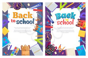Back to school posters with set of stationery objects around frame as rucksack bags, paints with brush, ABC book, scissors with rulers vector