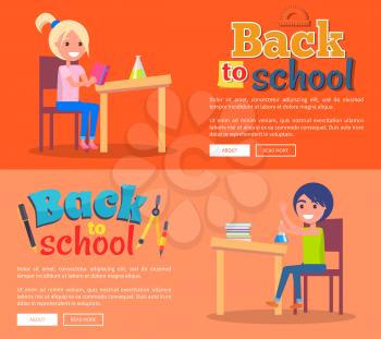 Back to school set of posters with girl doing homework on chemistry and boy drawing picture on wooden easel vector illustrations on blue background with text.