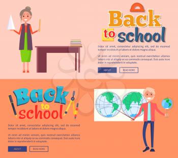 Back to school web banners with teacher standing near blackboard and professor of geography holding globe behind international map vector