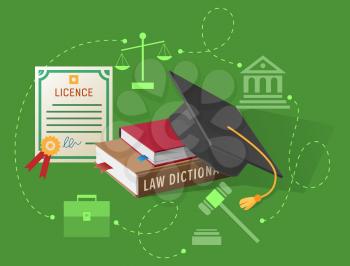 Lawyers licence, books on law and academic hat vector illustrations. Old scales, judges hammer, ancient building and classic briefcase silhouettes.