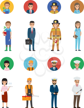 Set of vocations vector gardener with plant, young manager and lifesaver, doctor woman, waiter with tray, builder and mariner near cook