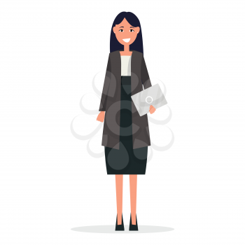 Businesswoman in white blouse and black suit with skirt holds notebook isolated on white background vector illustration. Woman with envelope