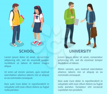 School and university set of posters with text. Isolated vector illustration of young and adult boys and girls on light blue background