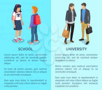 School and university collection of posters with inscriptions. Isolated vector illustration of young and adult students talking on light blue