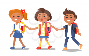 Set of schoolgirls and schoolboy first year pupils with backpacks isolated on white background. Smiling kids in school uniform vector illustrations