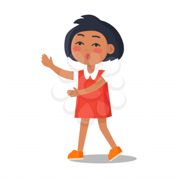 Schoolgirl in red dress with collar isolated on white background. Cartoon female character, first year pupil vector illustration in flat style