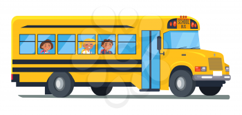 School bus with kids sitting near windows vector illustration isolated on white. Smiling pupils moving to study on public transport