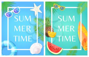 Summer time party theme banner, vector placard. Sun glasses and surfboard, inflatable ring fruit slice, shell and star on palm leaves card in frame