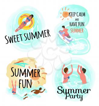 Sweet summer vector, keep calm and have fun people relaxing by seaside. Woman laying on inflatable lifebuoy, swimming male and female, jet ski riding