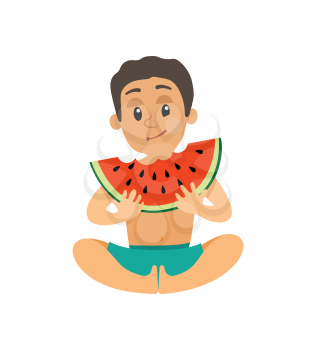 Boy eating watermelon, holding slice of summer fruit, sitting teenager in blue shorts, character with full cheeks, child enjoying healthy food vector
