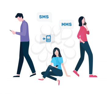 Cellular communication vector, woman and man using innovative gadgets and services, sms and MMS person with mobile phone online talks conversations