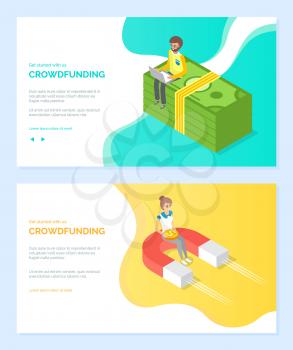 Strategy of attracting money, work with wireless pc. Man using laptop, woman holding coin, magnet and cash, crowdfunding online, marketing vector. Website or webpage template, landing page flat style