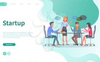 People sitting on conference vector, coworkers brainstorming startup ideas. Collaboration of men and women, meeting of professionals and experts. Website or webpage template, landing page flat style