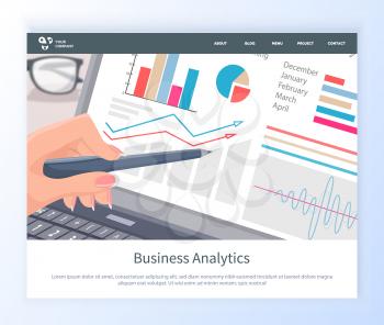 Round diagram and chart with rising pointer, report or info poster in pc, glasses and hand 3d view, working strategy, business analytics vector. Website or webpage template, landing page flat style