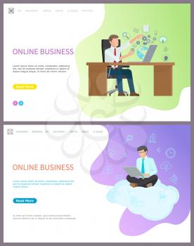 Online business worker sitting on cloud with PC laptop vector. Digital information in web people browsing internet getting information and visual data