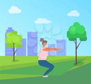 Fitness woman vector, lady in green park of city, squats exercises. Person wearing clothes, town with skyscrapers. Working out and stretching female