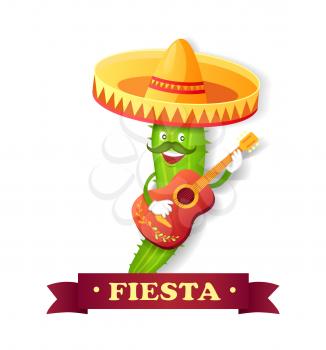 Cactus in sombrero with guitar and mustache, Spanish or Mexico fiesta vector. Mariachi with musical instrument, desert plant, holiday isolated icon