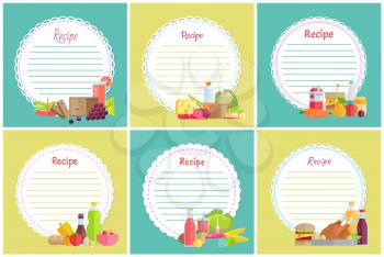 Recipe set of place to write dishes preparation steps vector. Bottle of water, fruits and vegetable, grapes ad lemon, sausage and cheese dairy lettuce