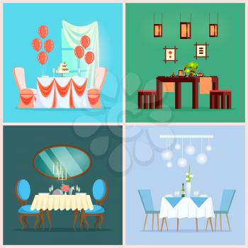 Chinese and European restaurant tables, wedding setting vector. Romantic dinner or dining room furniture, tablecloth and chairs, cake and drink, balloons