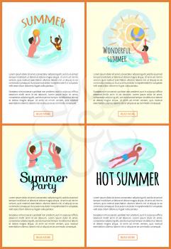 Summer fun vector, people on vacation summertime seasonal holidays. Male throwing inflatable ball, waterpolo and surfing man, swimming couple set