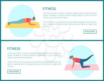 Girls doing exercise on mat, pumping muscles on floor, woman side view in sportwear. Sporty and fitness website decorated by strong people vector