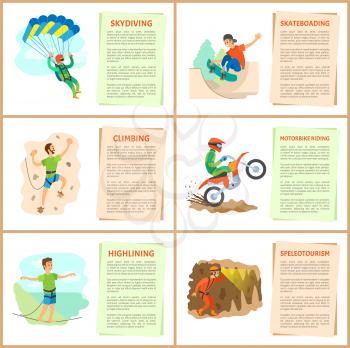 Speleotourism and skydiving hobbies of people vector, active lifestyle. Highlining and wall climbing of man, motorbike riding and skateboarding in city