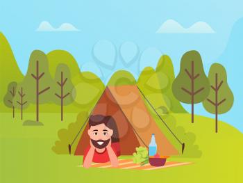Man lying in tent, smiling boy with beard on mat with bottle and food, green trees and mountain landscape, cloudy sky. Adventure and tourism vector