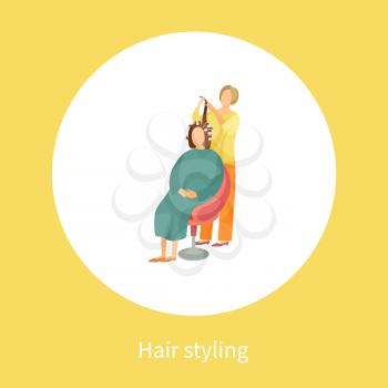 Hair styling poster with woman sitting in chair and hairdresser winds locks on curlers vector banner in round circle. Female making hairstyle in spa salon