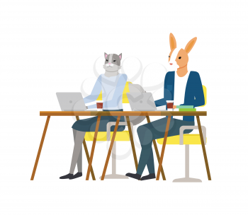 Cat and rabbit in casual clothes working with wireless pc, hipster animal using laptop at desktop, character with computer, workplace or office vector