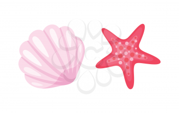 Aquatic creatures vector, isolated icons of conch and starfish. Pink seastar with five corners, animals living in sea water, ocean bottom dwellers