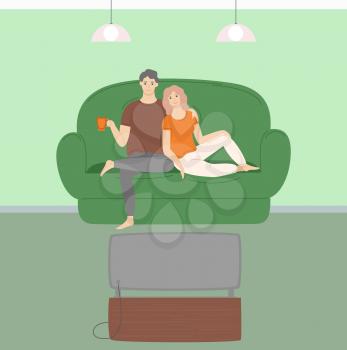 Man embracing woman sitting together on sofa, portrait view of hugging couple watching TV, interior of room in green color, people relaxing together vector