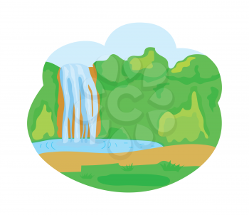 Forest with trees and bushes vector, waterfall and lake. Natural scenery with path and greenery of nature, water in river, falling down flat style