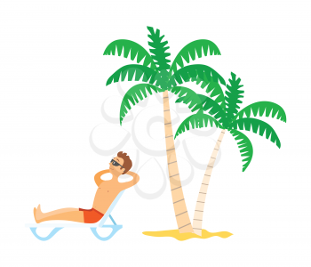 Man in shorts lying on chaise lounge, person wearing sunglasses sunbathing near palm trees. Element of relaxing male on beach, resting tourist vector