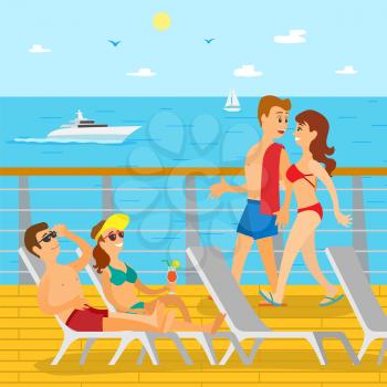 Couple lying on chaise lounge, man and woman in swimsuit going together, people wearing sunglasses and drinking cocktail. Ocean view from ship vector